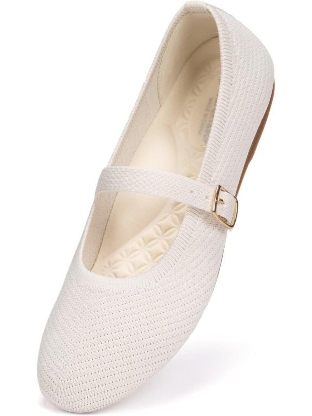 Frank Mully Women's Cream Rubber Knitted Buckle Flat Round Toe Comfortable Shoes
